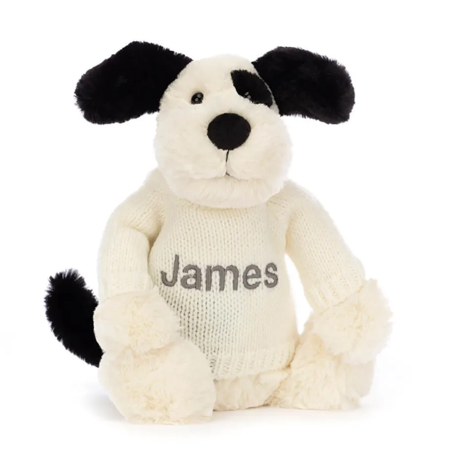 Jellycat Bashful Black & Cream Puppy with Personalised Cream Jumper< All Soft Toys|All Bashfuls