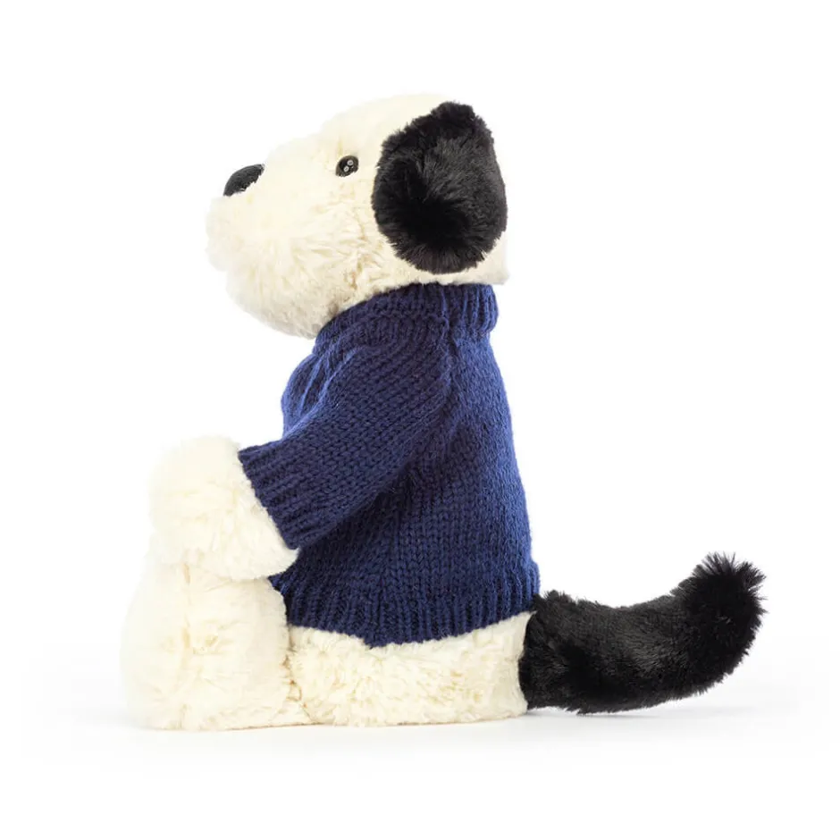 Jellycat Bashful Black & Cream Puppy with Personalised Navy Jumper< All Soft Toys|All Bashfuls