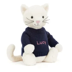 Jellycat Bashful Cream Kitten with Personalised Navy Jumper< All Soft Toys|All Bashfuls