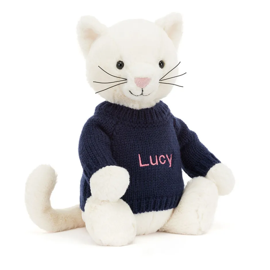 Jellycat Bashful Cream Kitten with Personalised Navy Jumper< All Soft Toys|All Bashfuls