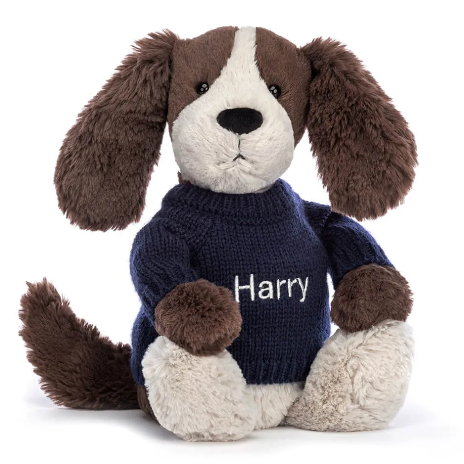 Jellycat Bashful Fudge Puppy with Personalised Navy Jumper< All Soft Toys|All Bashfuls