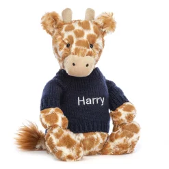 Jellycat Bashful Giraffe with Personalised Navy Jumper< All Soft Toys|All Bashfuls