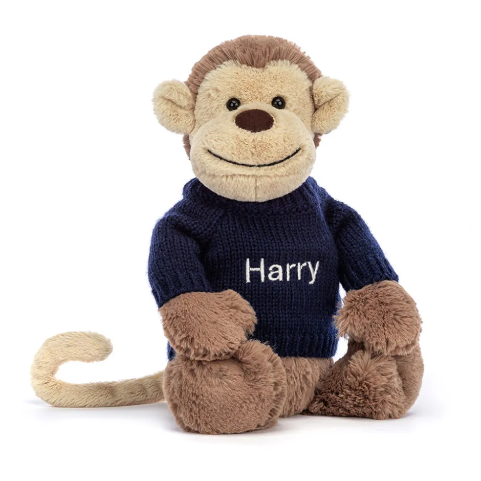 Jellycat Bashful Monkey with Personalised Navy Jumper< All Soft Toys|All Bashfuls