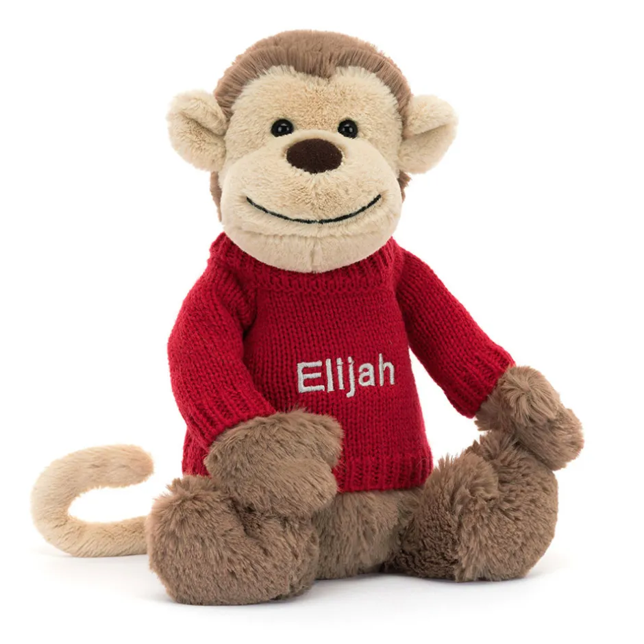 Jellycat Bashful Monkey with Personalised Red Jumper< All Soft Toys|All Bashfuls