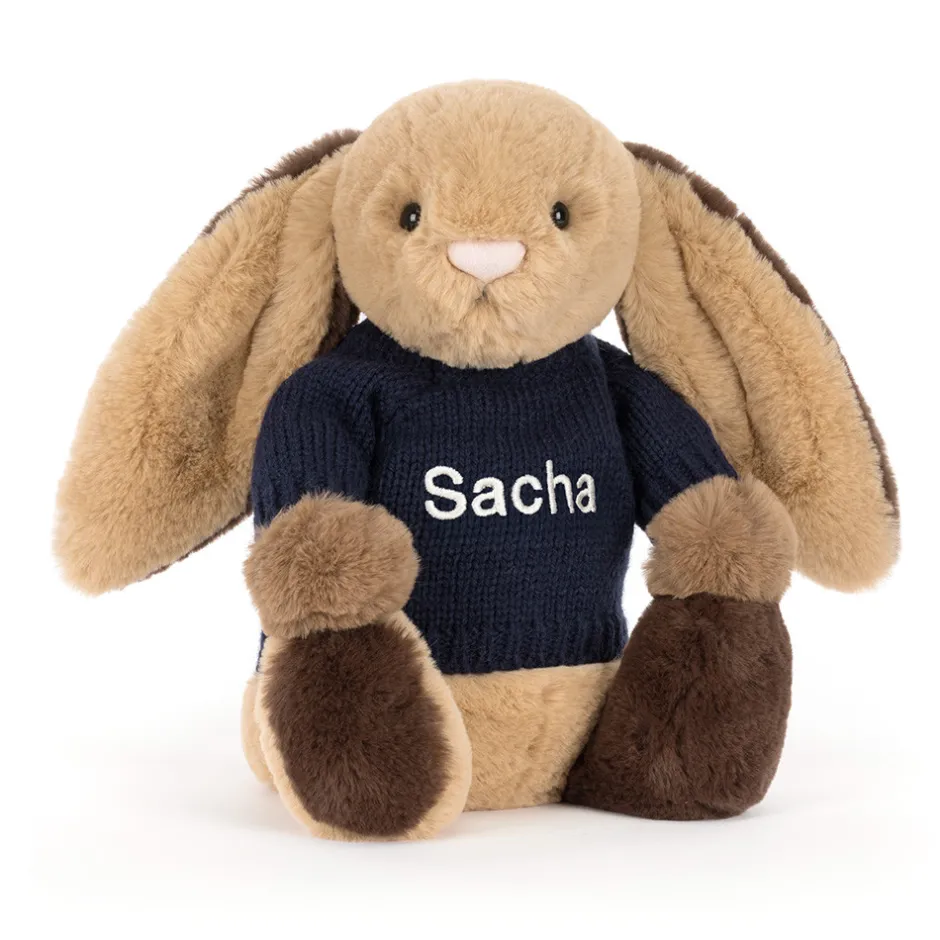 Jellycat Bashful Patchwork Brown Bunny with Personalised Navy Jumper< All Soft Toys|Bashful Bunnies