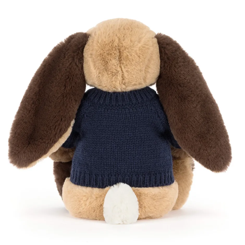 Jellycat Bashful Patchwork Brown Bunny with Personalised Navy Jumper< All Soft Toys|Bashful Bunnies