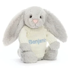 Jellycat Bashful Silver Bunny with Personalised Cream Jumper< Best Sellers|All Soft Toys