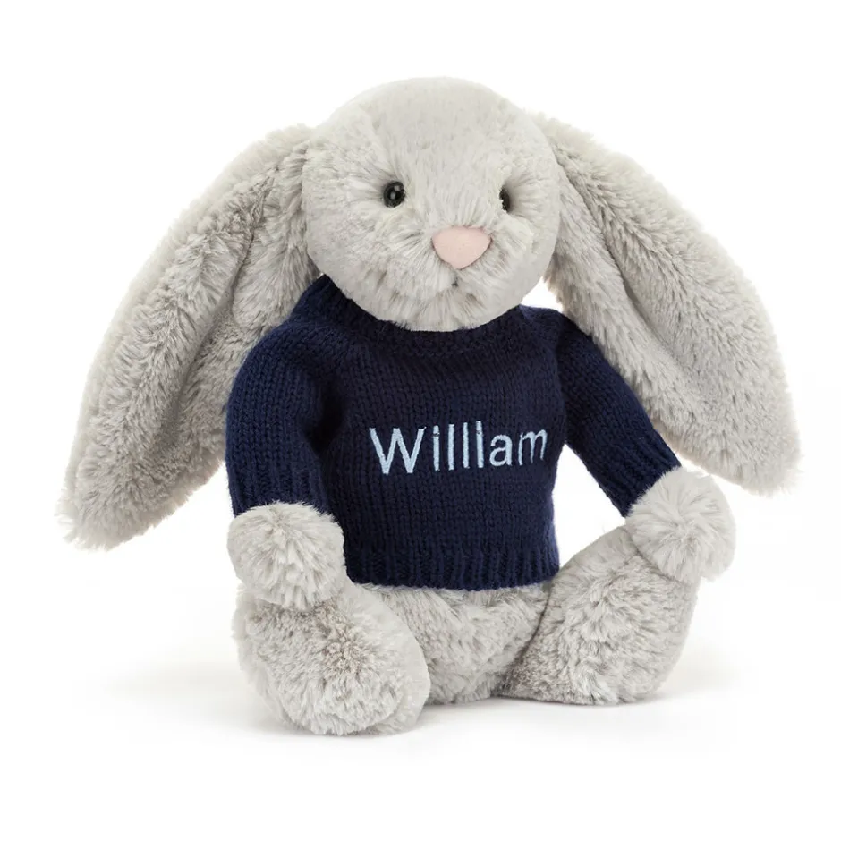Jellycat Bashful Silver Bunny with Personalised Navy Jumper< All Soft Toys|Bashful Bunnies