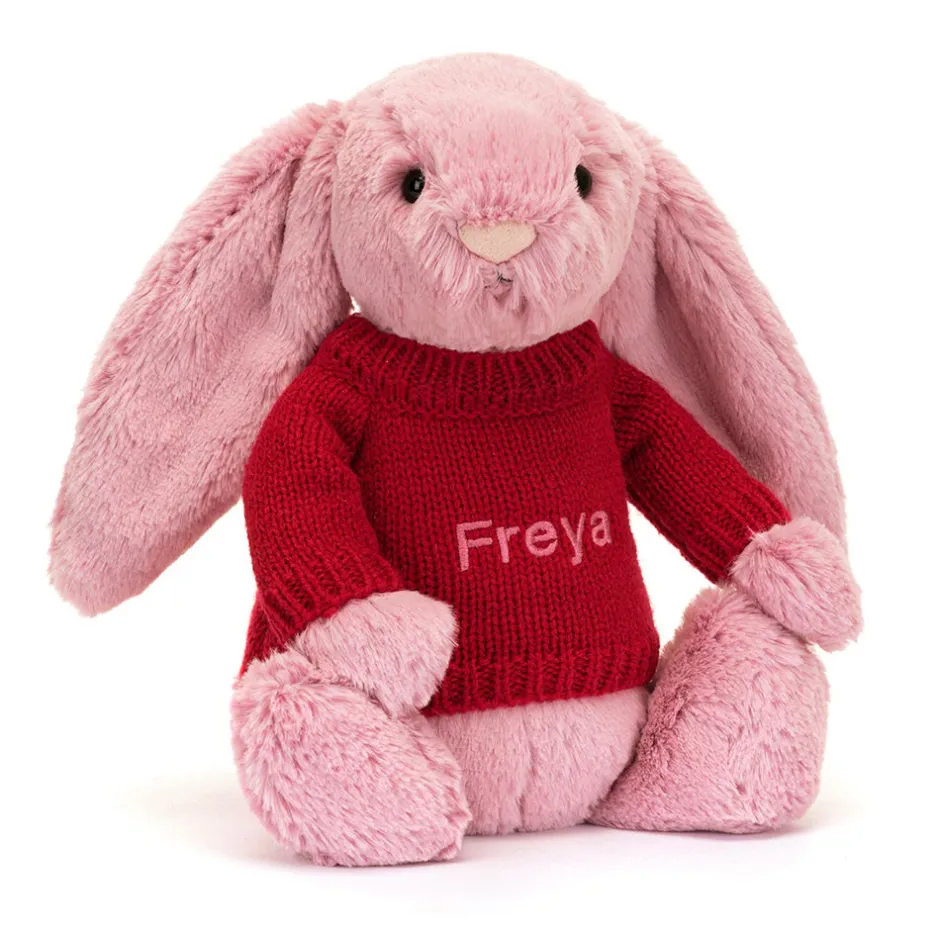 Jellycat Bashful Tulip Pink Bunny with Personalised Red Jumper< All Soft Toys|Bashful Bunnies