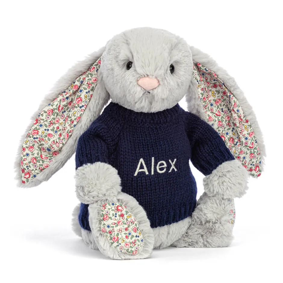 Jellycat Blossom Silver Bunny with Personalised Navy Jumper< All Soft Toys|Bashful Bunnies